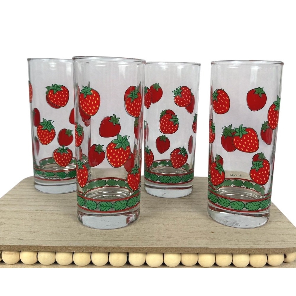 Cerve Strawberry Glasses Set 4 Clear Red Strawberry Leaf Border Italy 8 Oz